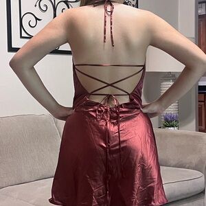 Oh Polly Backless Satin Dress in Deep Red